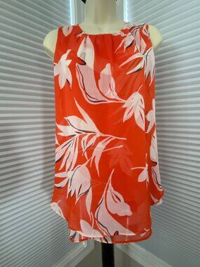 NWT Christina B Sleeveless Loose Tunic Double Layered Orange / Red Floral Top